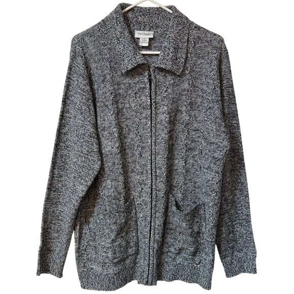 CW Classics Cable Knit Cardigan Sweater Size 1X Textured Zip Up Black White - Picture 1 of 14
